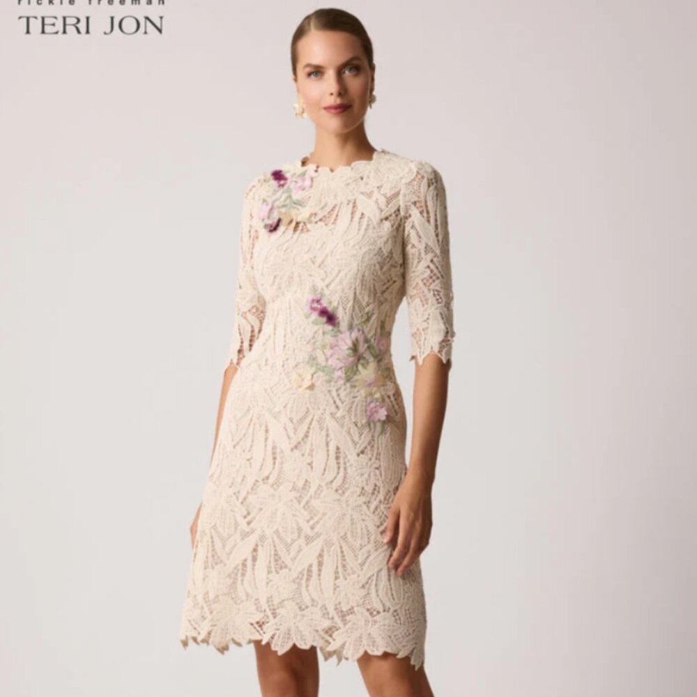 Teri Jon Flower Applique Lace Dress, Originally $570, Size 6, Tags On!